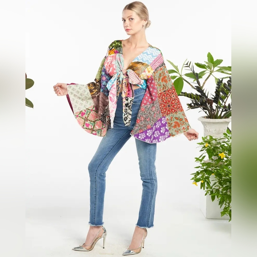 Colorful Patchwork Tie-Front Blouse - image 1